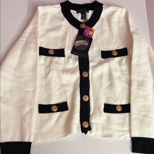 Carolyn Taylor Cream and Black Button-Front Cardigan Sweater
